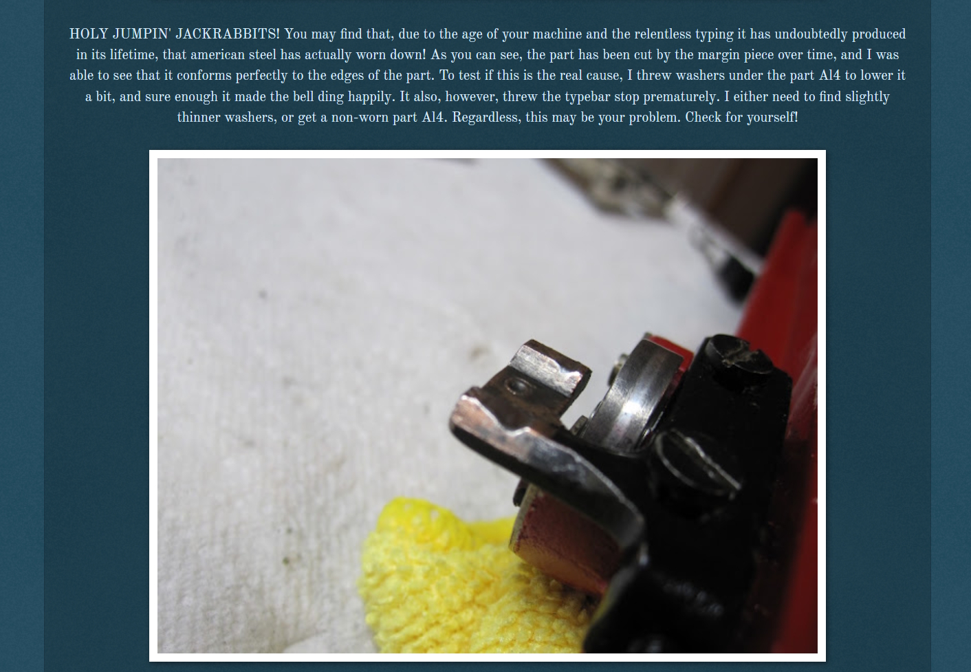 from Words Are Winged: photo of deformed bell trip adjuster on an Underwood 5 typewriter