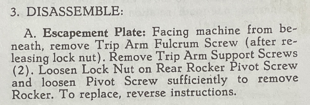 instructions for removing the escapement plate on a Royal Quiet De Luxe - repair manual