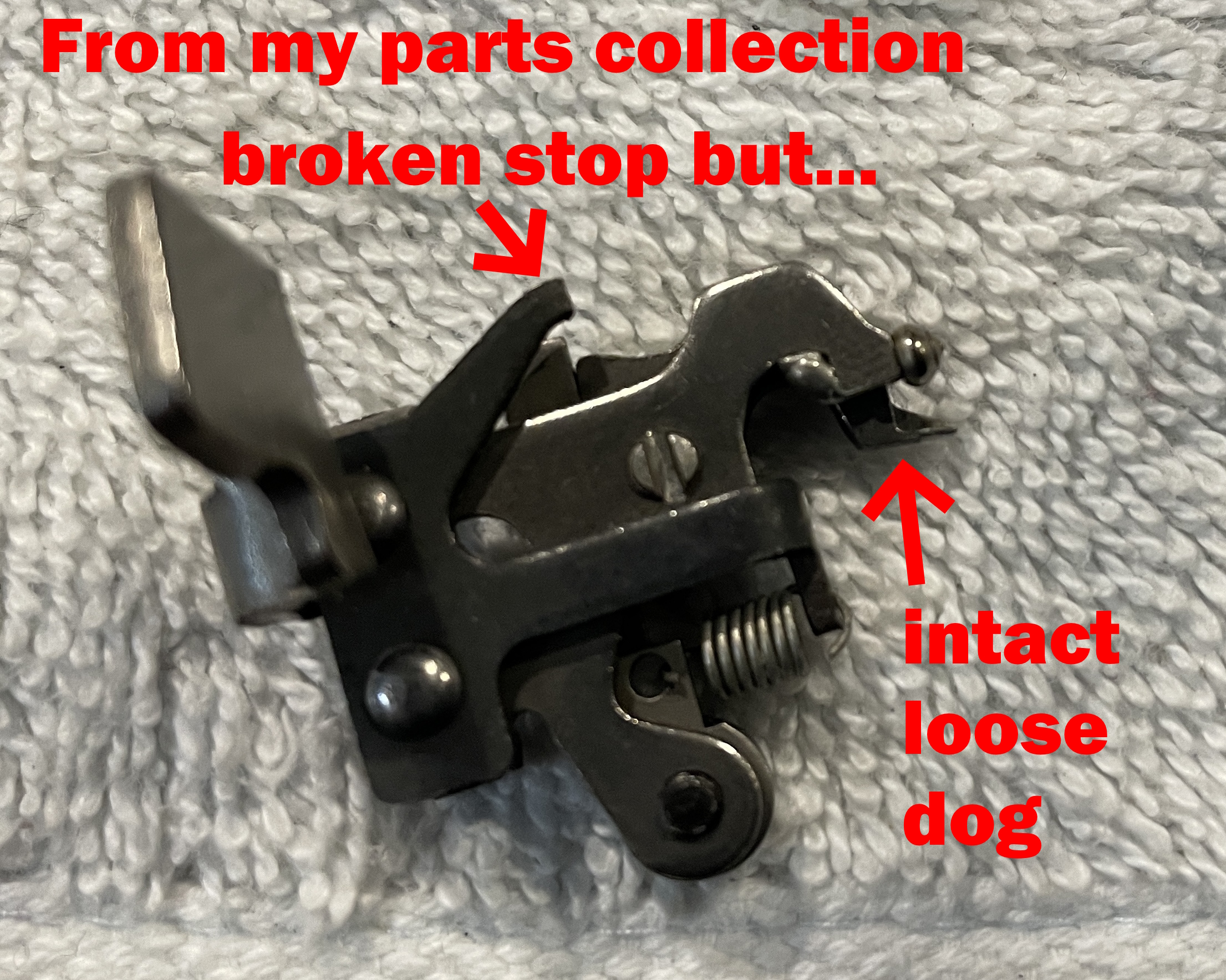 royal portable escapement with a broken stop and an intact loose dog