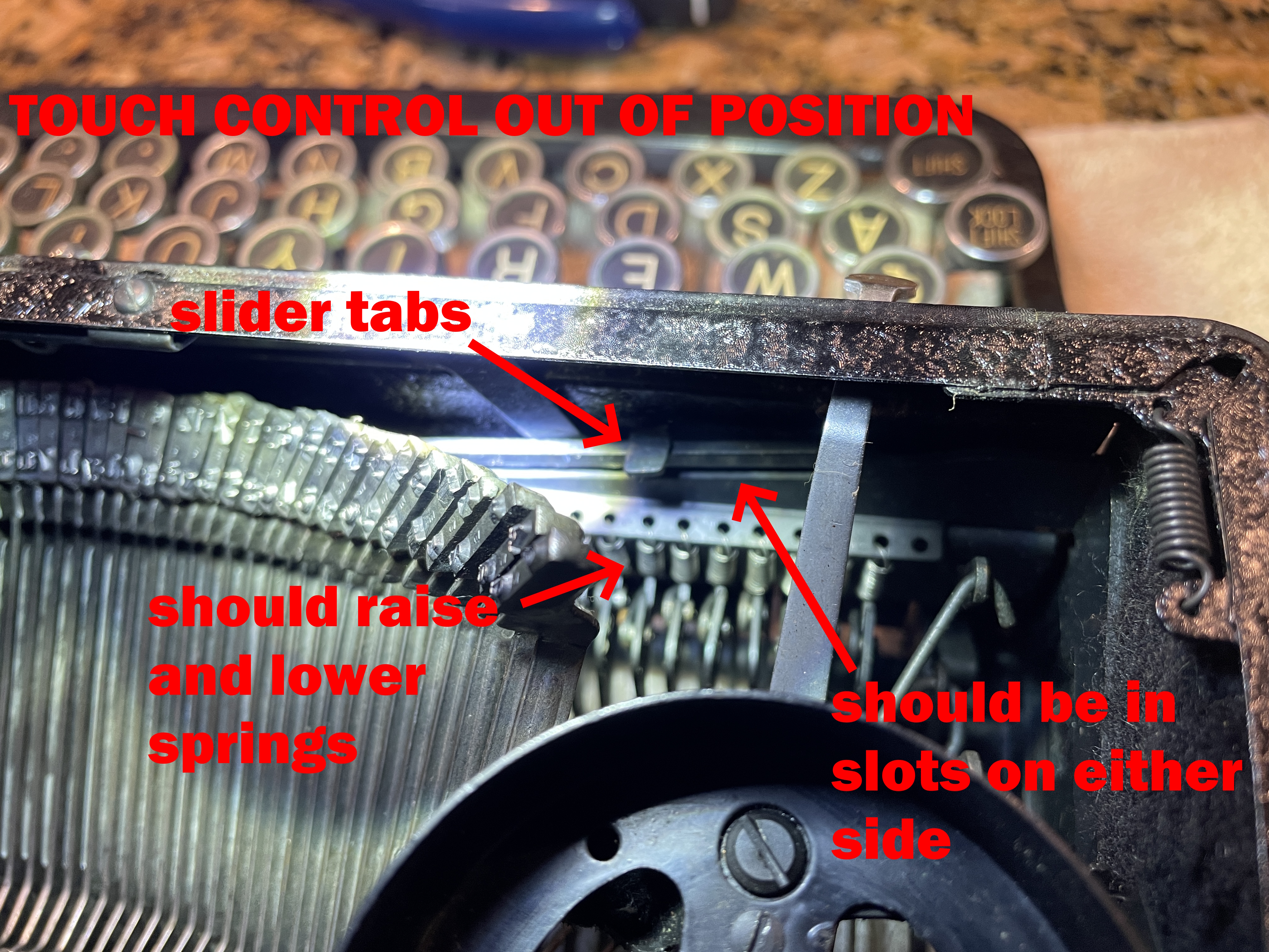 Royal portable typewriter touch control slide out of position