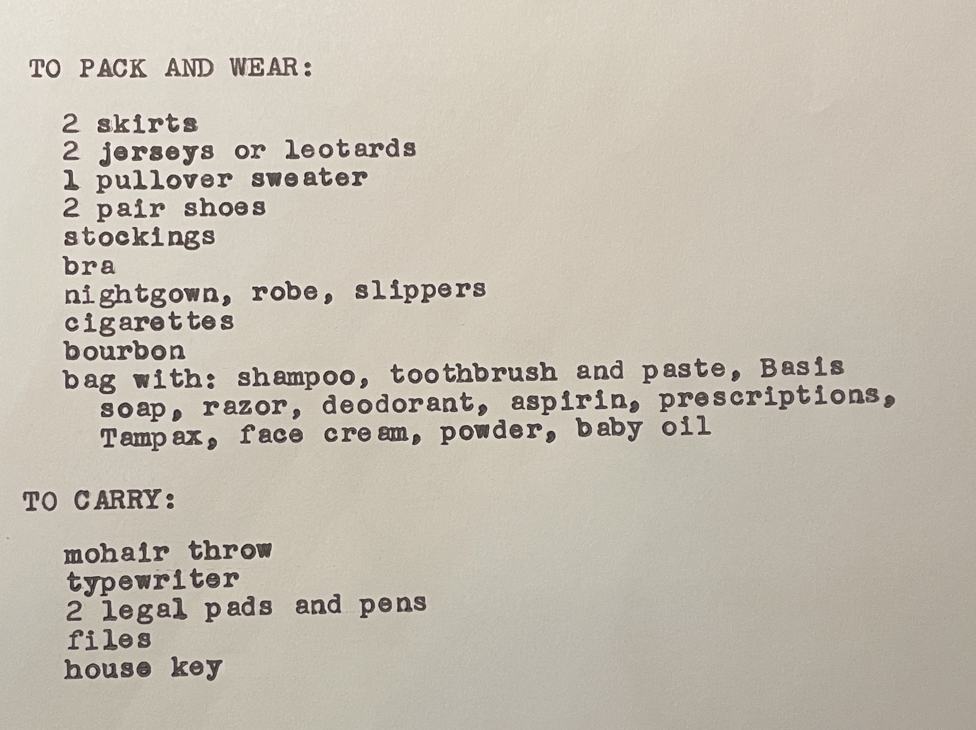 Joan Didion's packing list from The White Album