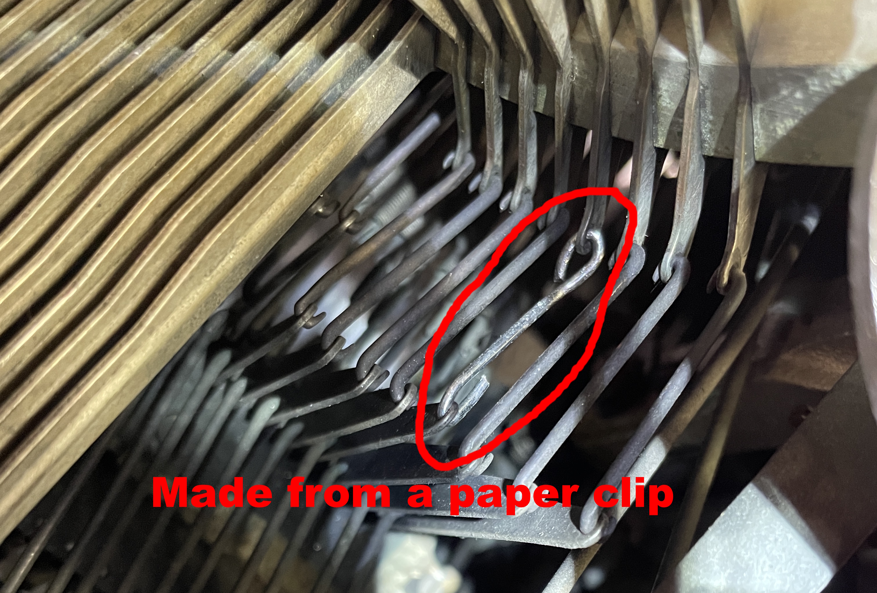 Royal KMG typewriter missing typebar link made from a paper clip