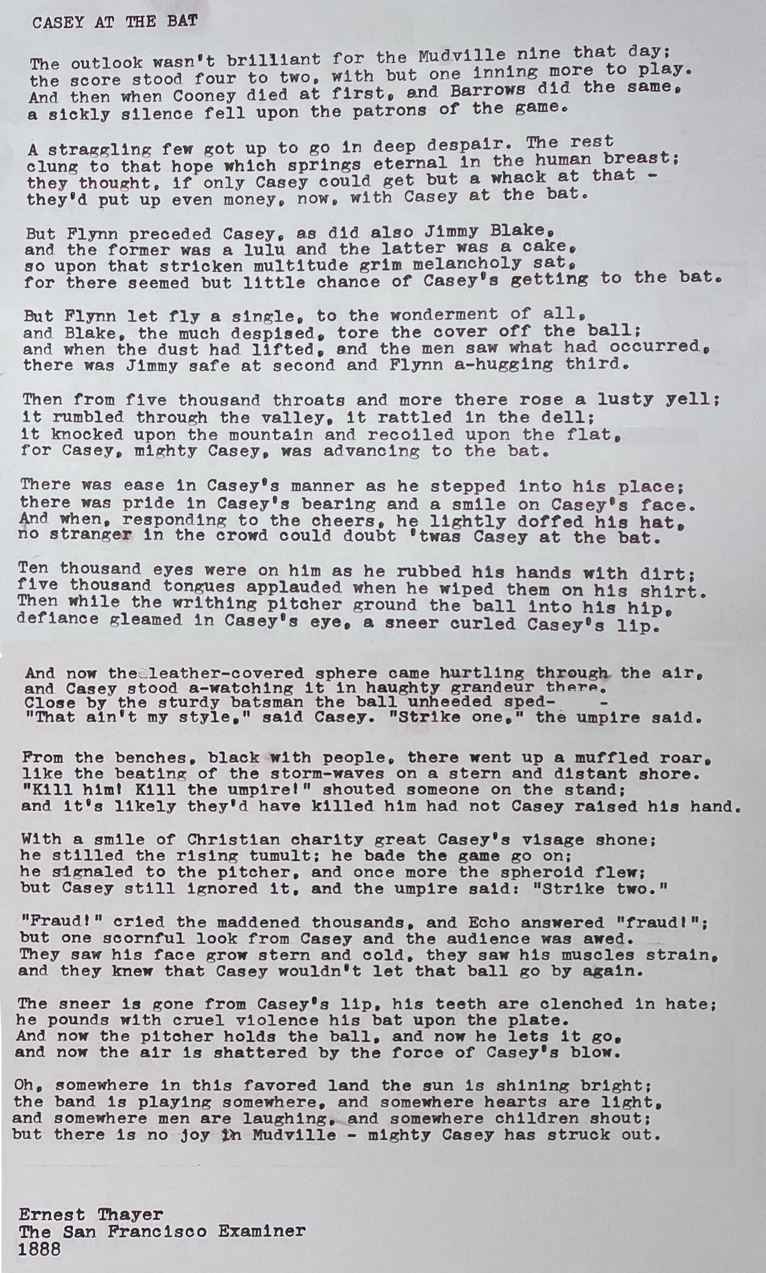 Casey at the Bat by Ernest Thayer 1888
