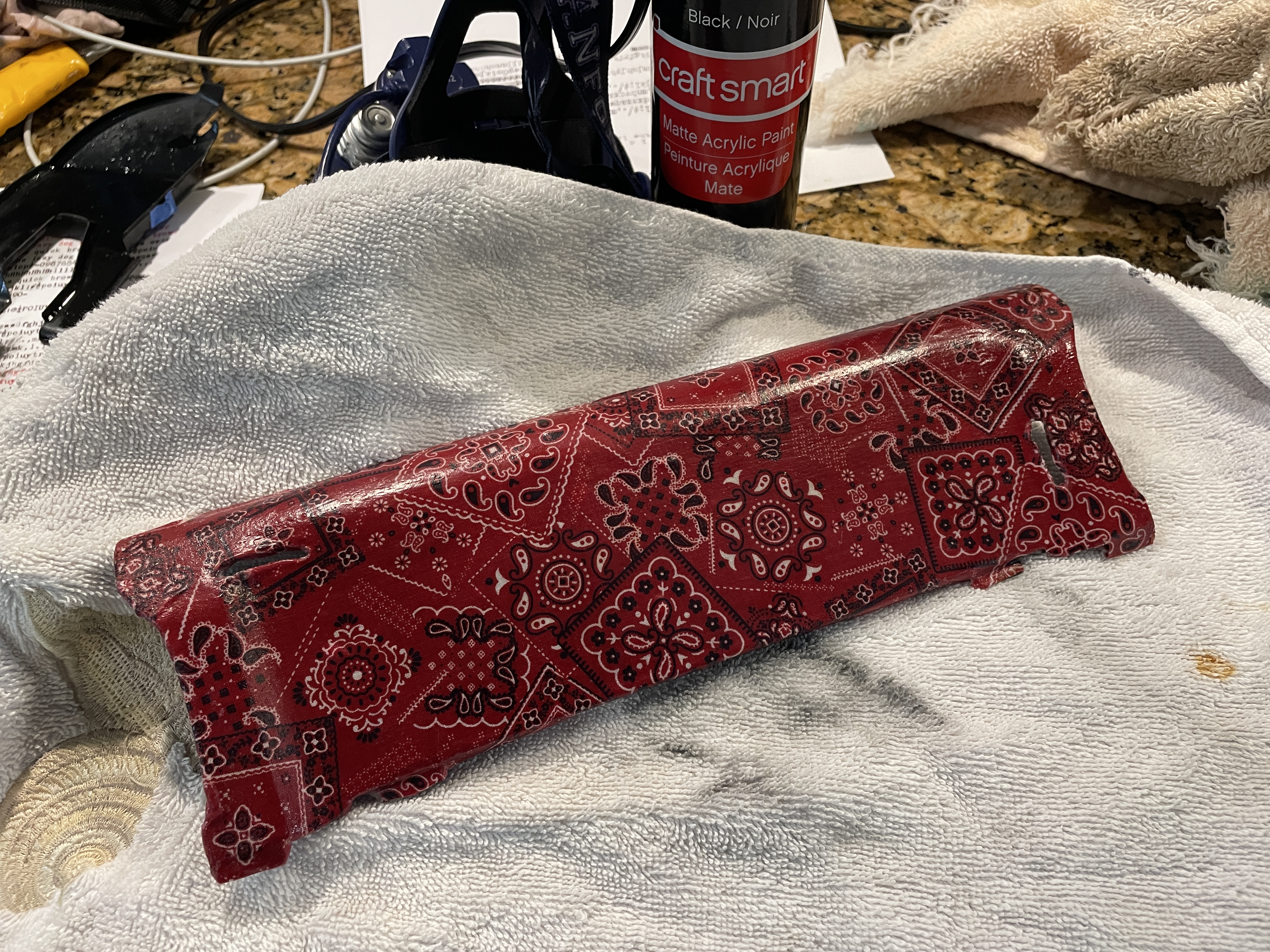 Mod Podge fabric on front cover plate of typewriter