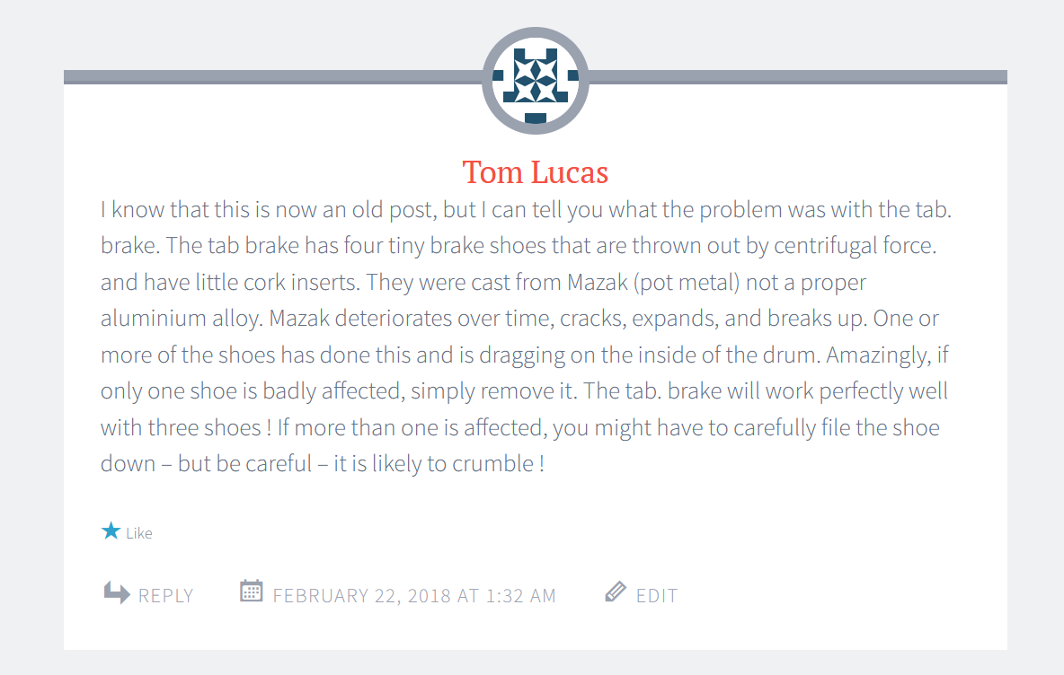 comment by Tom Lucas about a drawbnd slipping from an Olympia SM7 because of a faulty tabulator brake