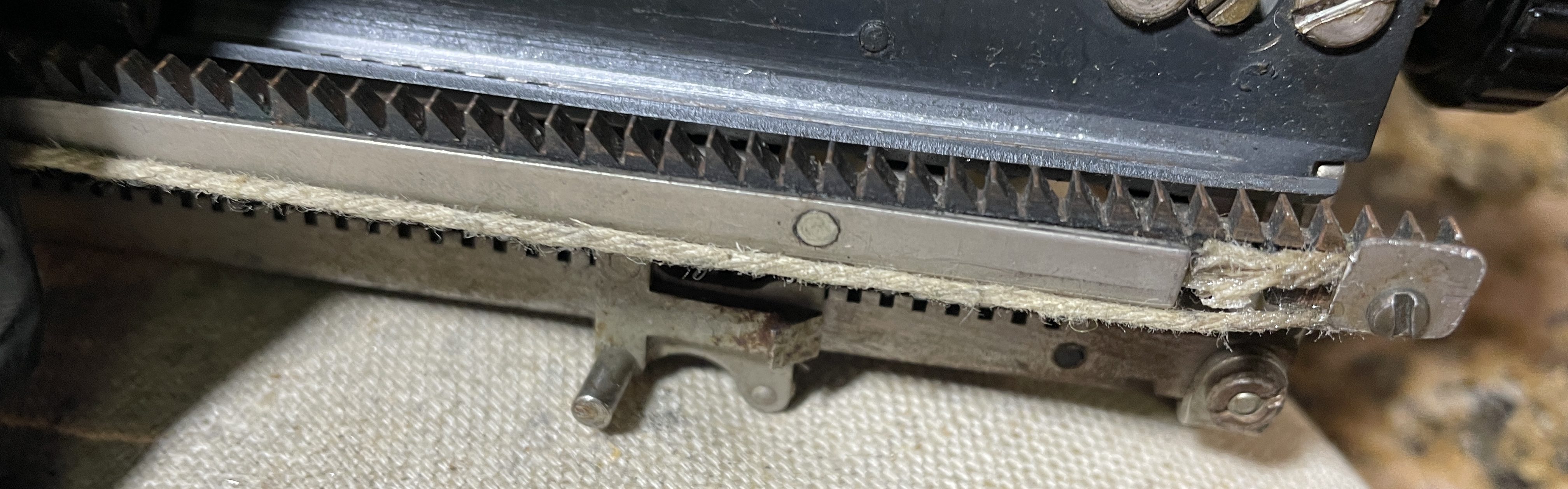 Homemade drawstring on 1934 Remington Portable Model 5 typewriter
