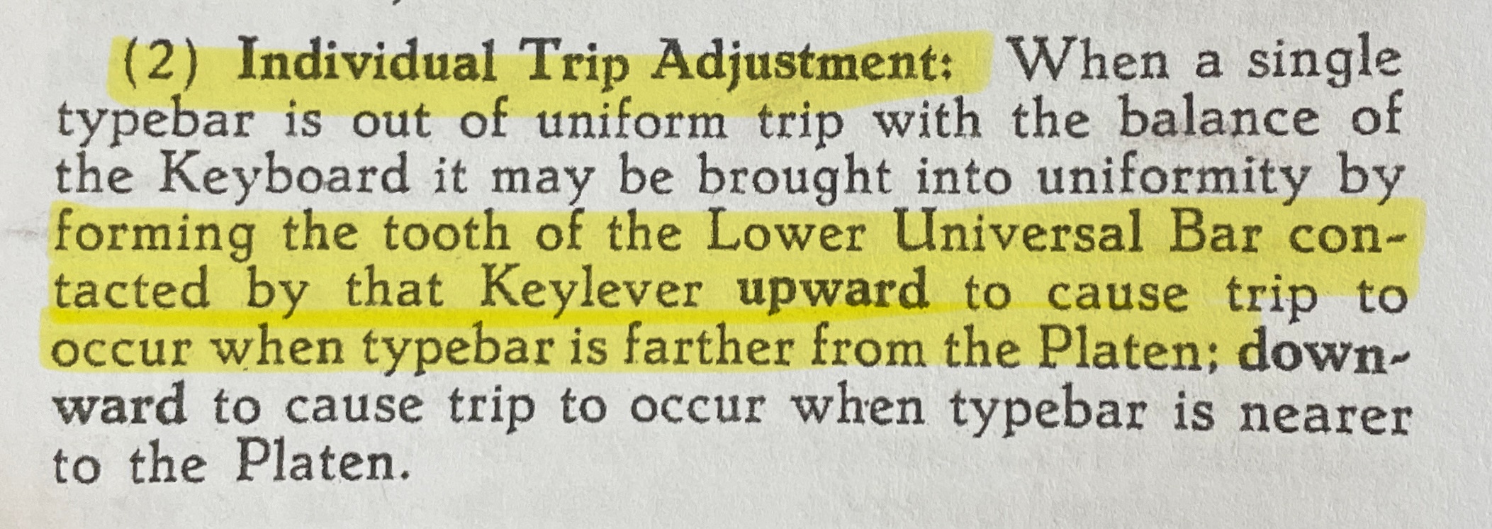 Typewriter repair bible manual: adjustment of trip for Remington portable typewriters