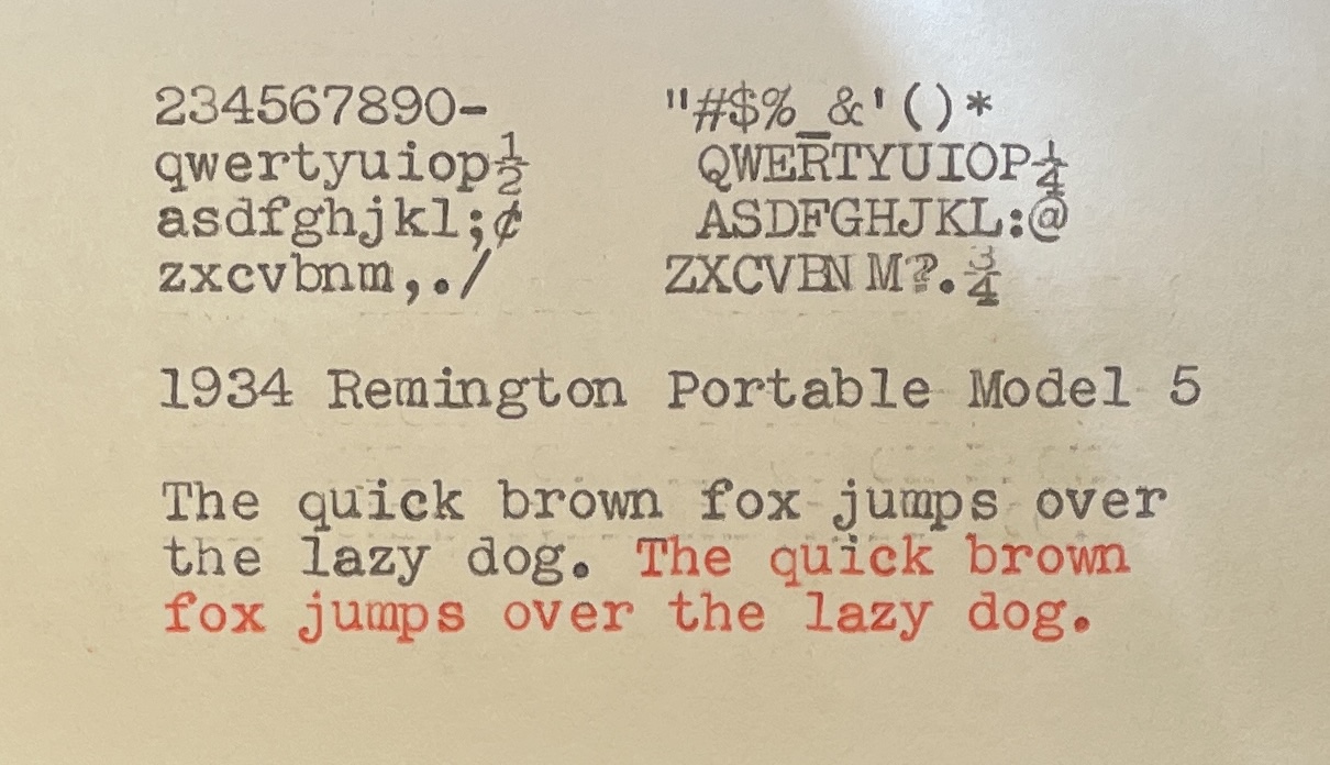 typeface sample of 1934 Remington Portable Model 5 typewriter