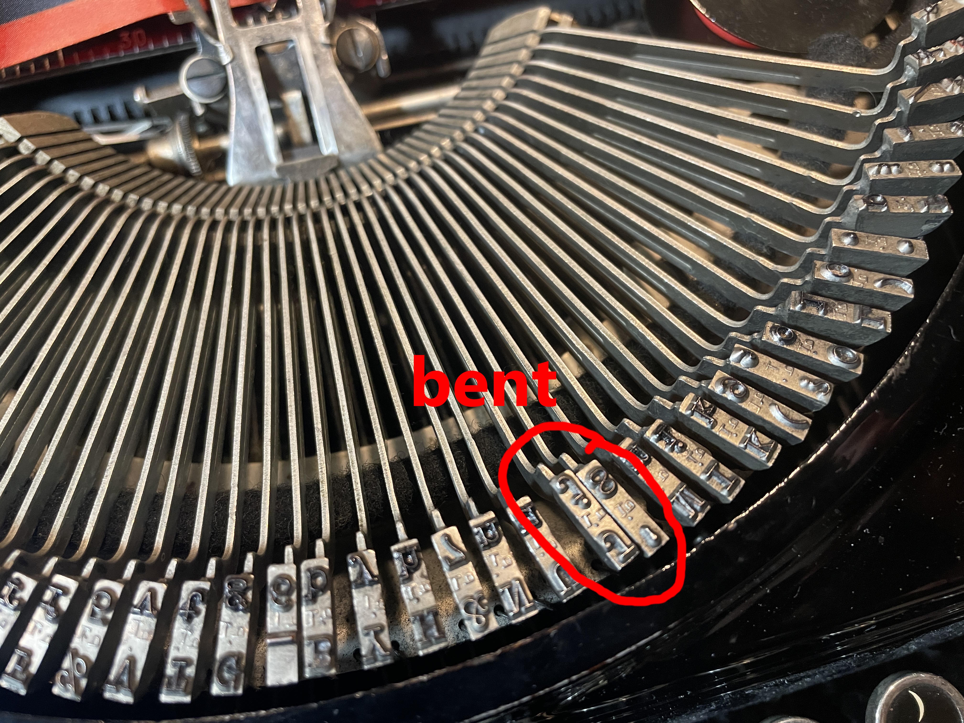 1934 Remington Portable Model 5 typewriters with bent typebar causing it to get stuck in the type guide
