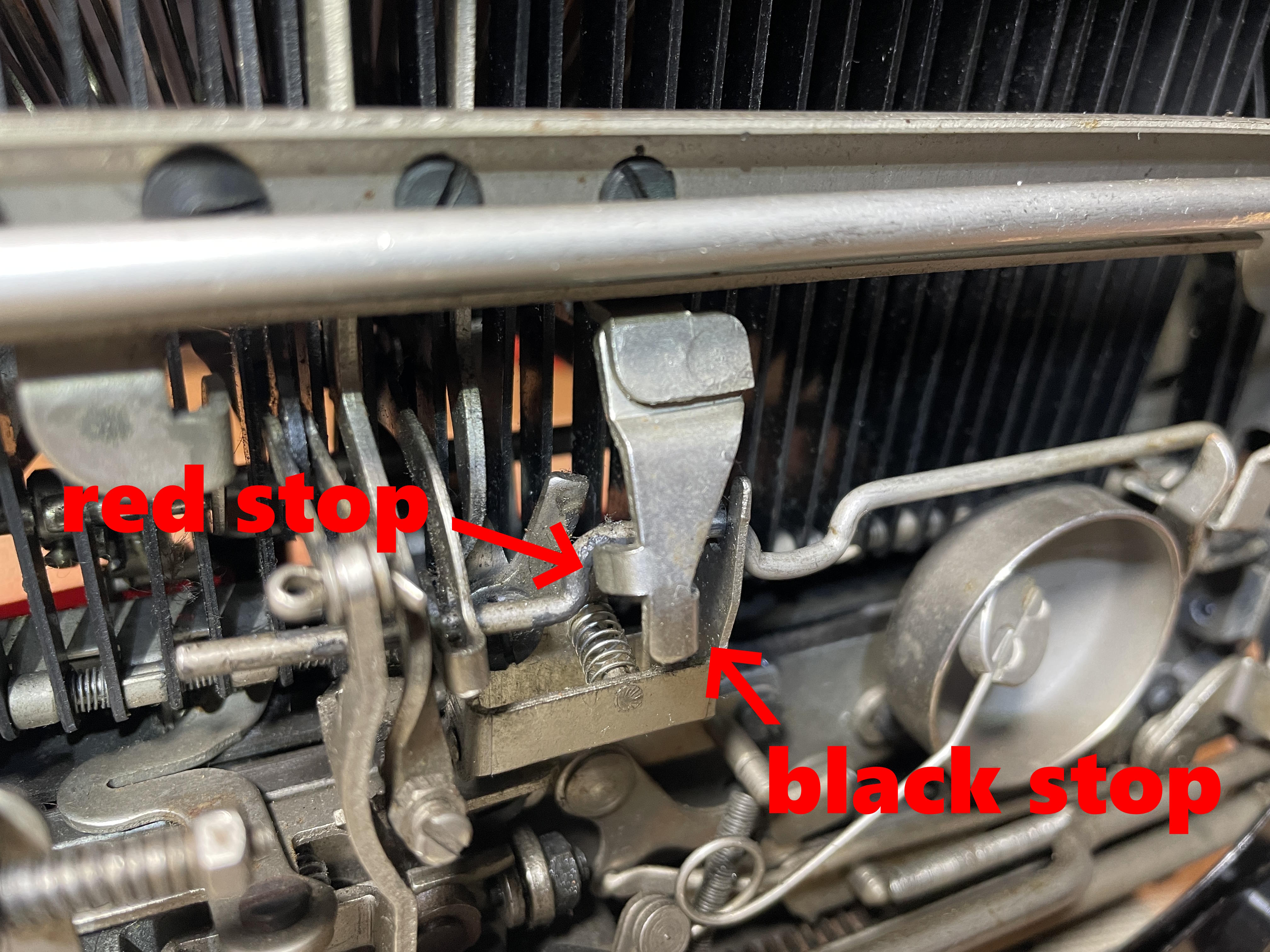 Black and Red Ribbon Stops on a 1934 Remington Portable Model 5 typewriter