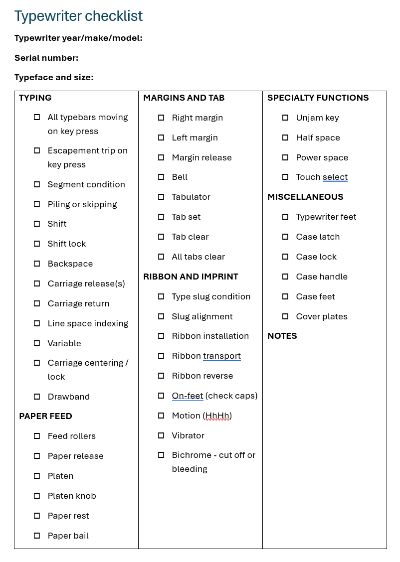 one-page typewriter checklist