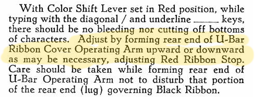 Adjustment of red ribbon in 1934 Remington Portable Model 5 typewriter