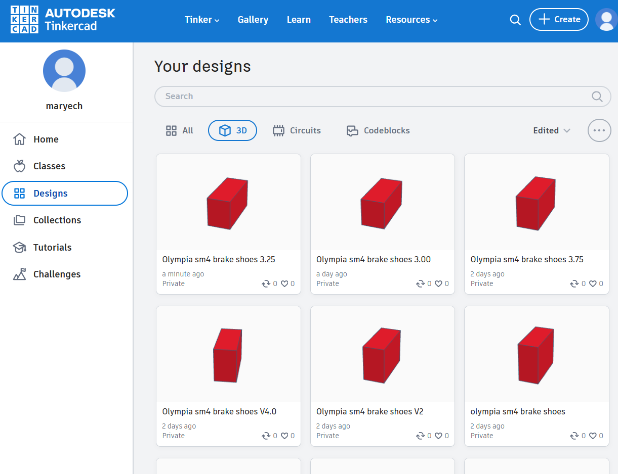 tinkercad modeling of new brake shoes for SM4
