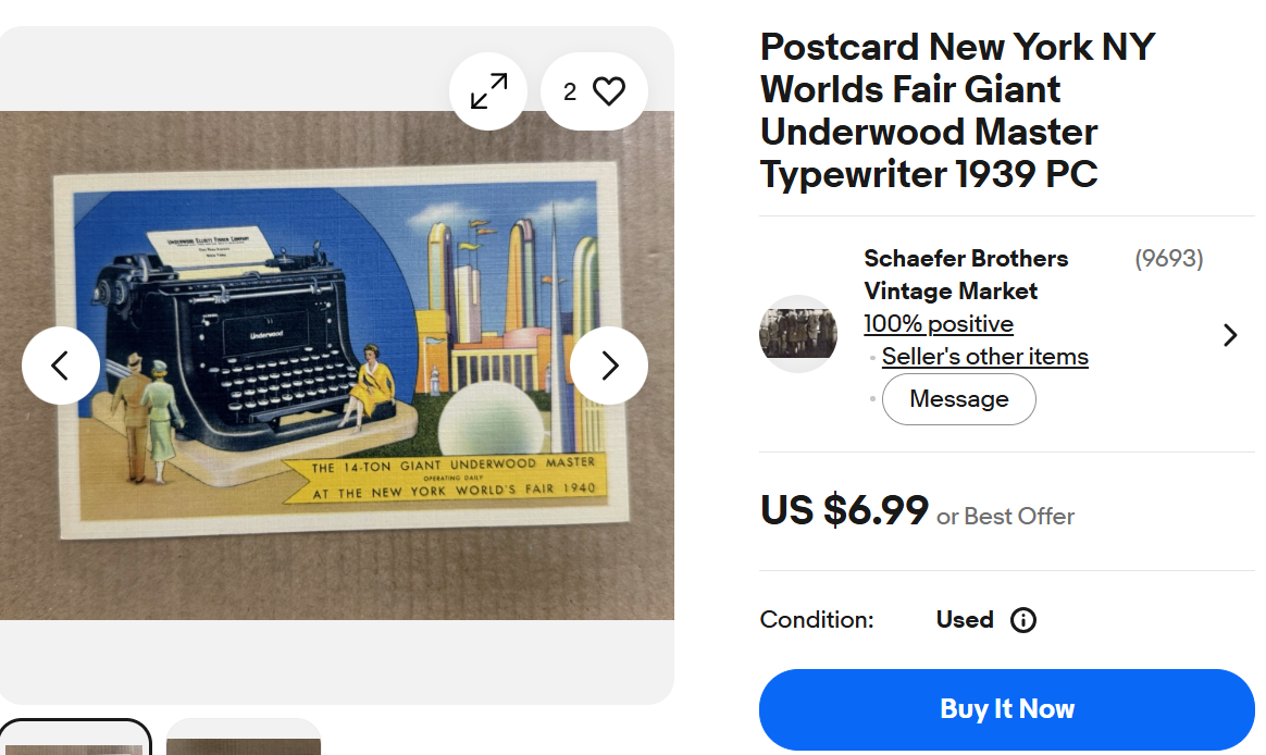postcard from 1939 World's Fair featuring an Underwood Master typewriter