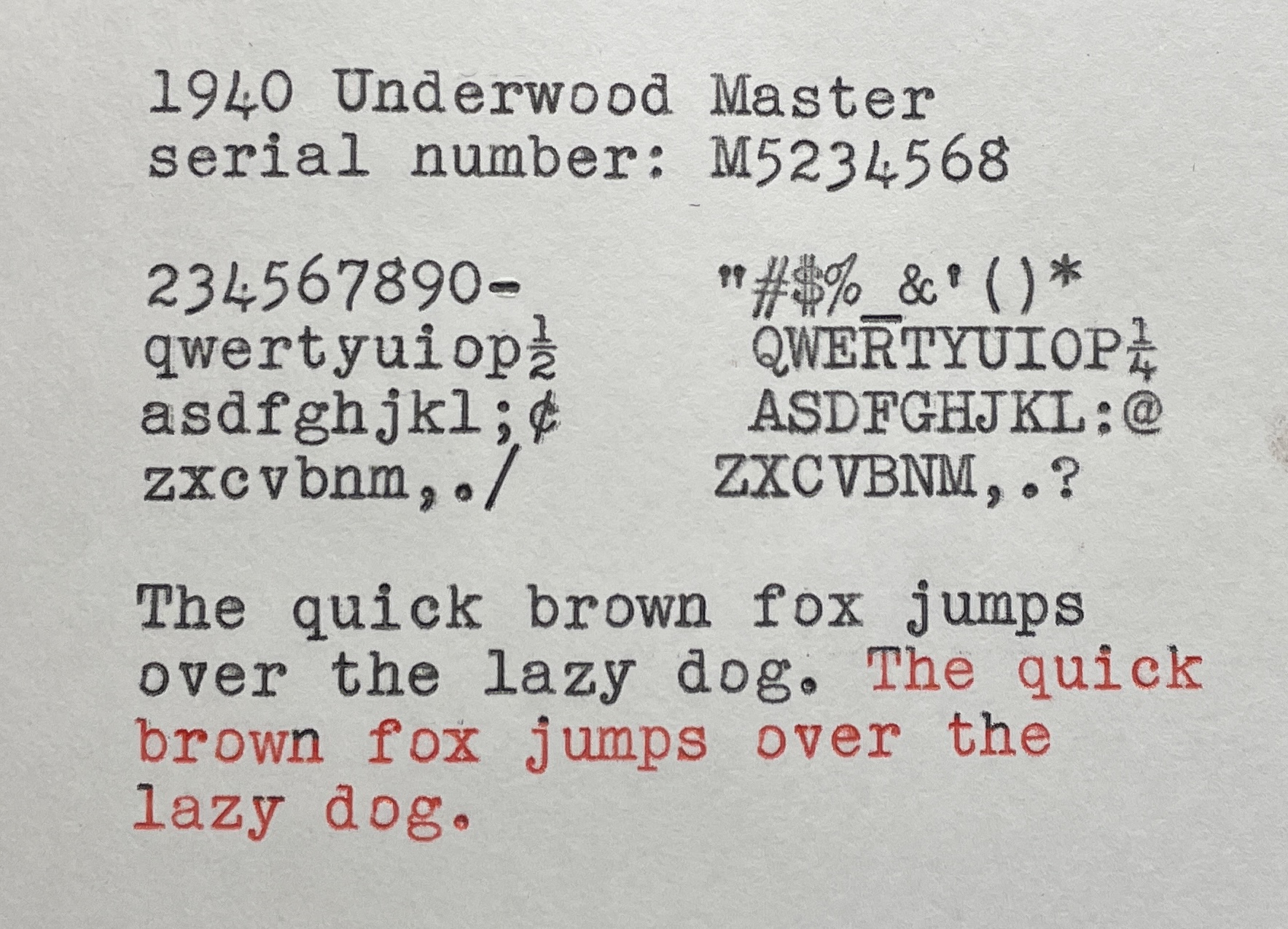 typeface sample 1940 Underwood Master typewriter