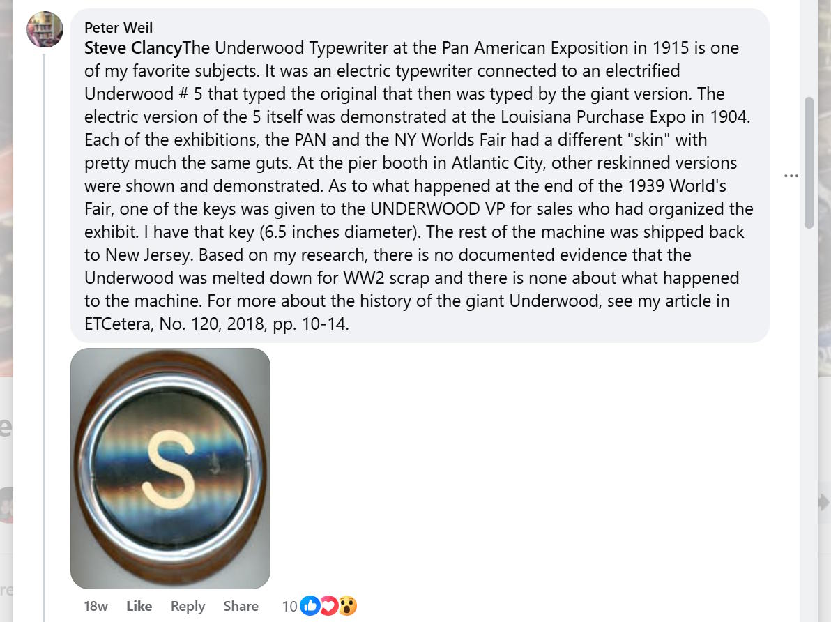 FB post about the giant Underwood typewriter