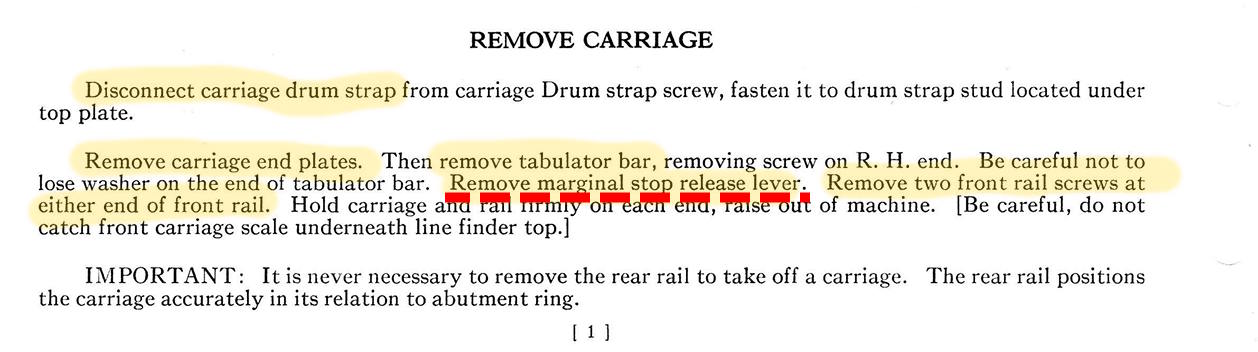 remove carriage from R. C. Allen 600 series typewriter instructions