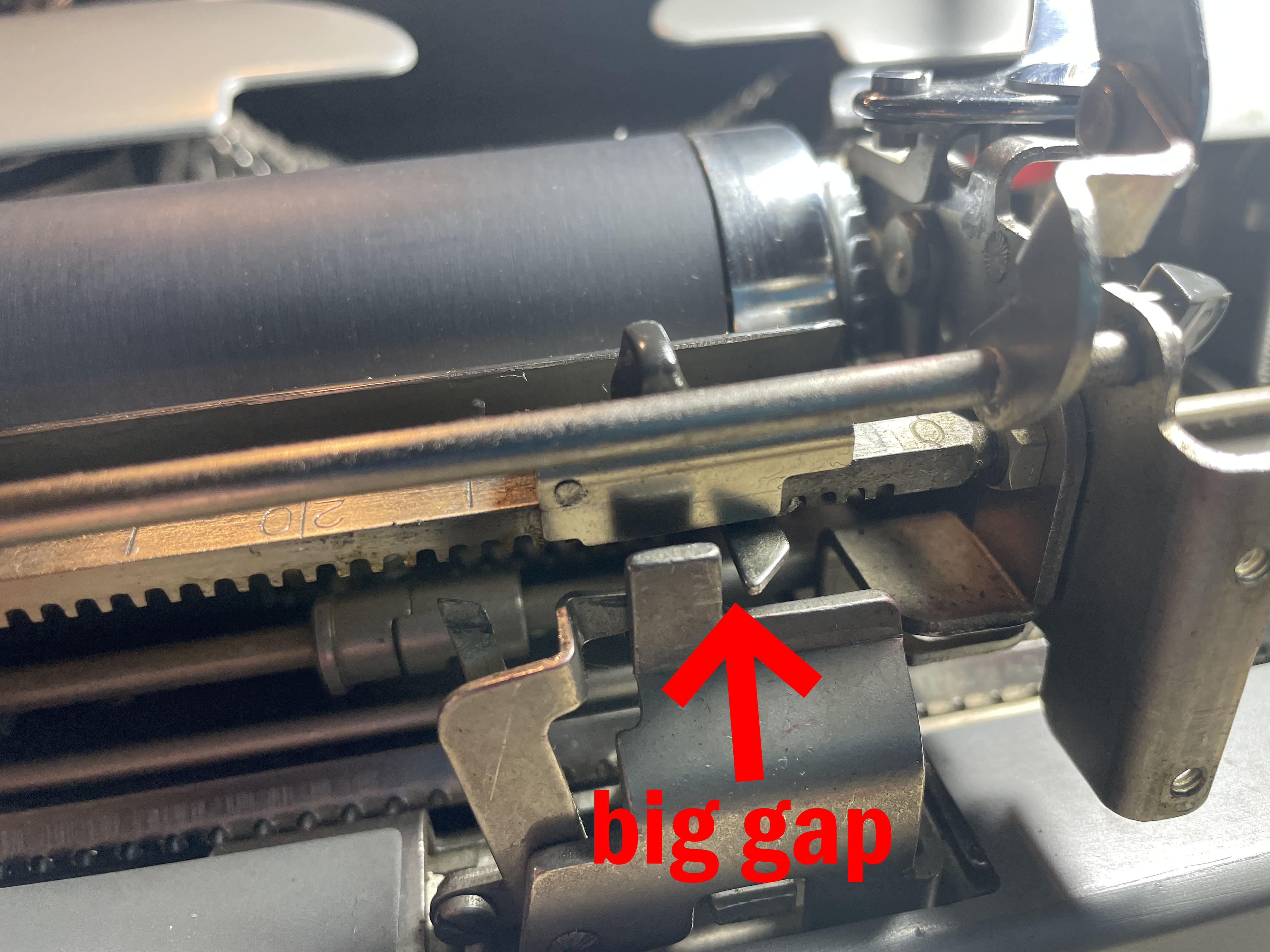 before adjustment of margin stop rack on 1949 Remington All-New Portable