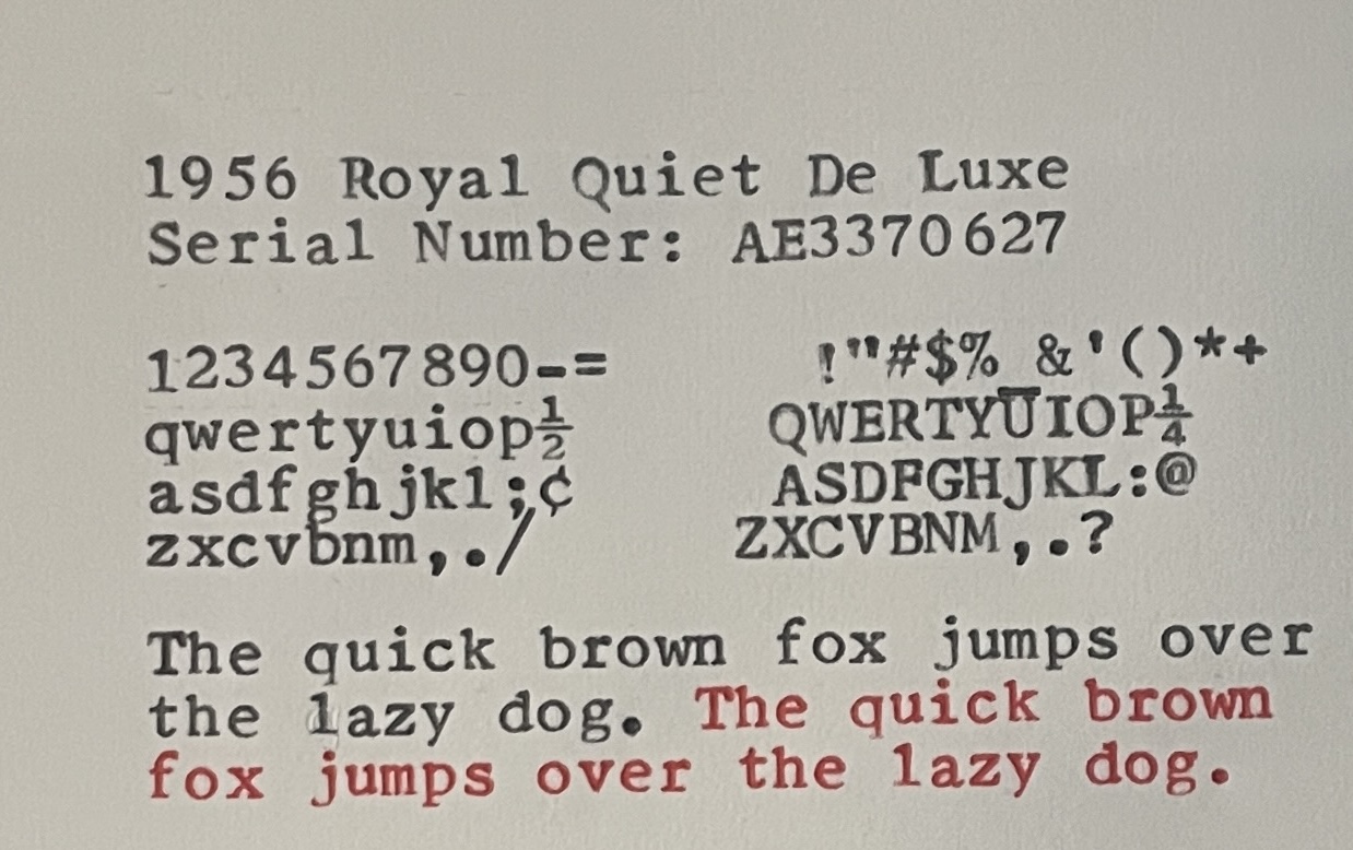 typeface sample for 1956 Royal Quiet De Luxe typewriter: Canterbury Pica